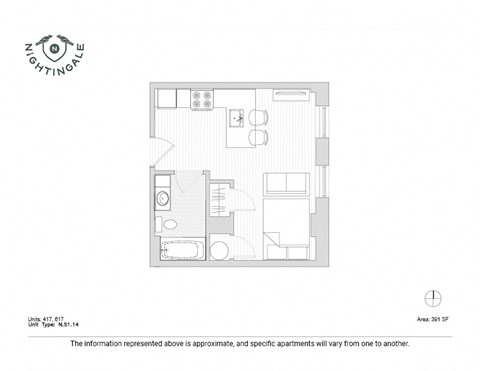 Floor plan for studio, 1 bath, 387 sqft